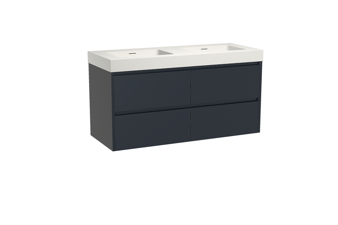 Storke Seda hängendes Möbelstück Set: 130 x 52 cm, Nachtblau, mit Mata High Doppelwaschtisch, Solid Surface Weiß matt