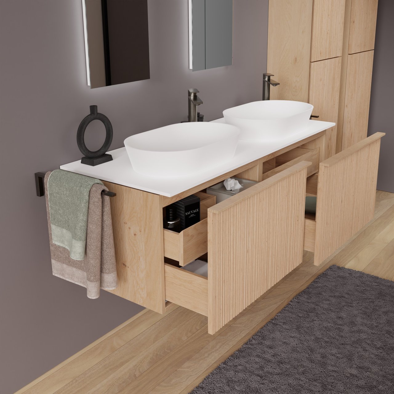 Balmani Forma hängendes Möbelstück Set: 135 x 55 cm, Naturbelassene Eiche, mit Stretto Einzel- oder Doppel Waschtischplatte, Solid Surface, Weiß matt, Vertikale asymmetrische Runde Rippe