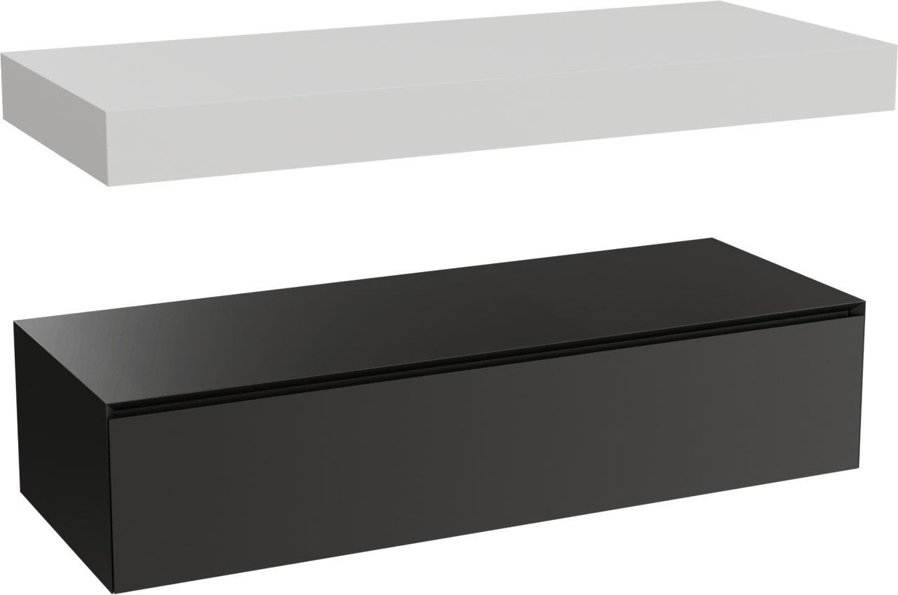 Balmani Mitra Elements hängendes Möbelstück Set: 135 x 55 cm, Schwarz matt mit Dominus Einzel- oder Doppel Waschtischplatte, Solid Surface Weiß matt