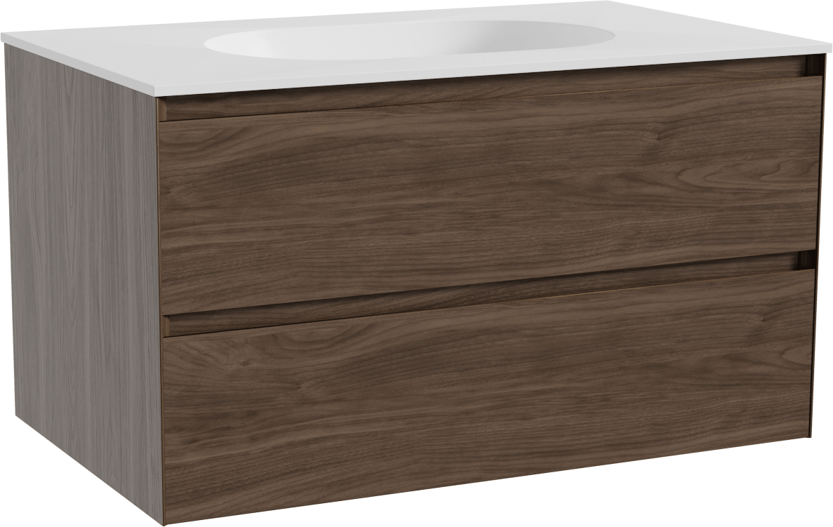 Balmani Mitra meuble salle de bains suspendu 90 x 55 cm noyer américain avec Tablo Oval plan simple en solid surface blanc mat