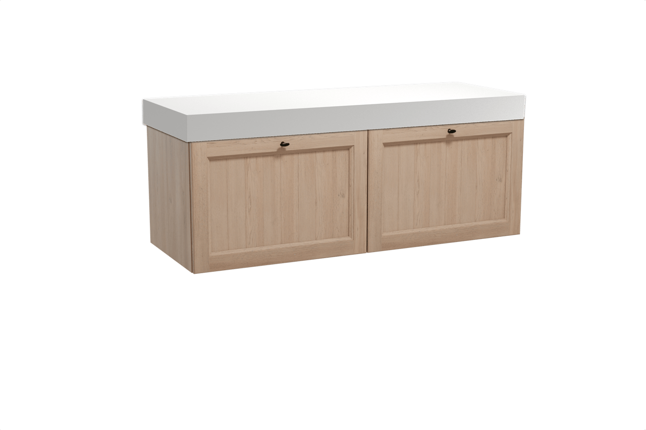 Balmani Lemon hängendes Möbelstück Set: 150 x 55 cm, Verwitterte Eiche, mit Dominus Einzel- oder Doppel Waschtischplatte, Solid Surface Weiß matt