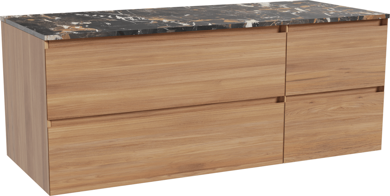 Balmani Mitra meuble salle de bains suspendu 135 x 55 cm teck avec Stretto tablette simple ou double en marbre portoro gold