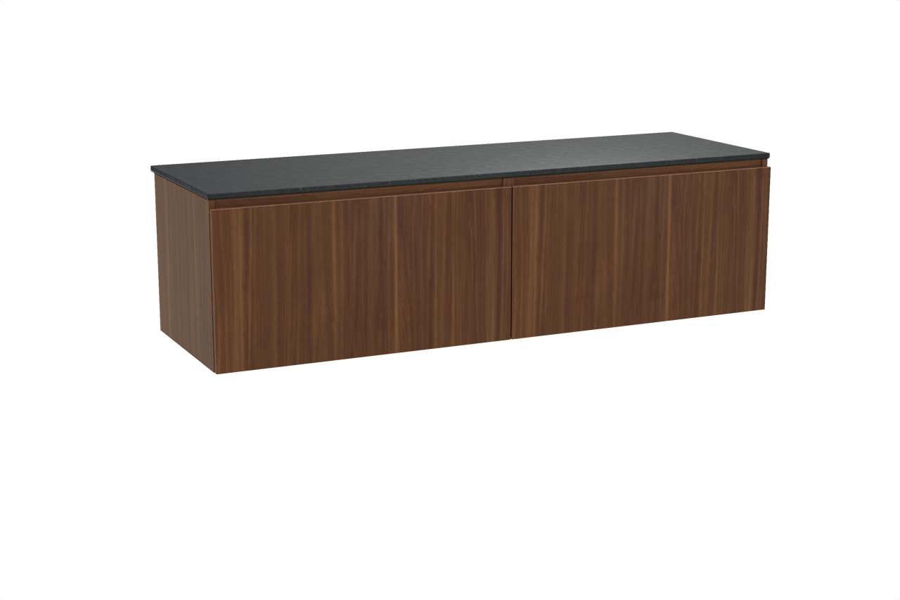 Balmani Sfera hängendes Möbelstück Set: 180 x 55 cm, Amerikanischer Nussbaum, mit Stretto Einzel- oder Doppel Waschtischplatte, Schwarzes Granit