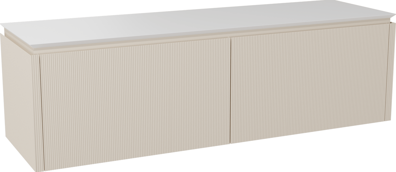 Balmani Eclips meuble salle de bains suspendu 180 x 55 cm Sandbeige avec Eclips tablette simple ou double en Solid Surface blanc mat, Nervure droite symétrique verticale