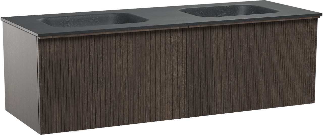 Balmani Forma meuble salle de bains suspendu 150 x 55 cm chêne fumé avec Tablo Arcato double vasque en granit noir, Nervure droite symétrique verticale