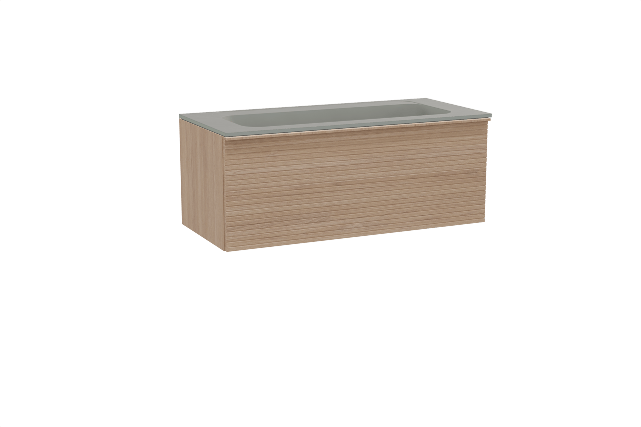 Balmani Forma zwevend badkamermeubel 120 x 55 cm natuur eik met Tablo Strada enkele wastafel voor 2 kraangaten in composietmarmer zijdegrijs, Horizontale symmetrische rechte ribbel