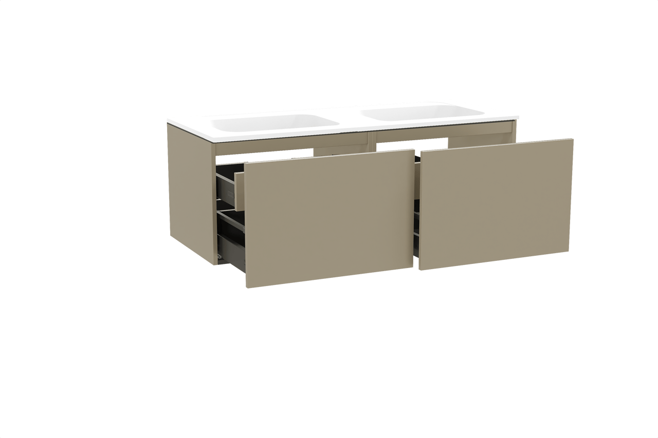 Balmani Sfera zwevend badkamermeubel 135 x 55 cm dune met Tablo Strada dubbele wastafel in composietmarmer mat wit
