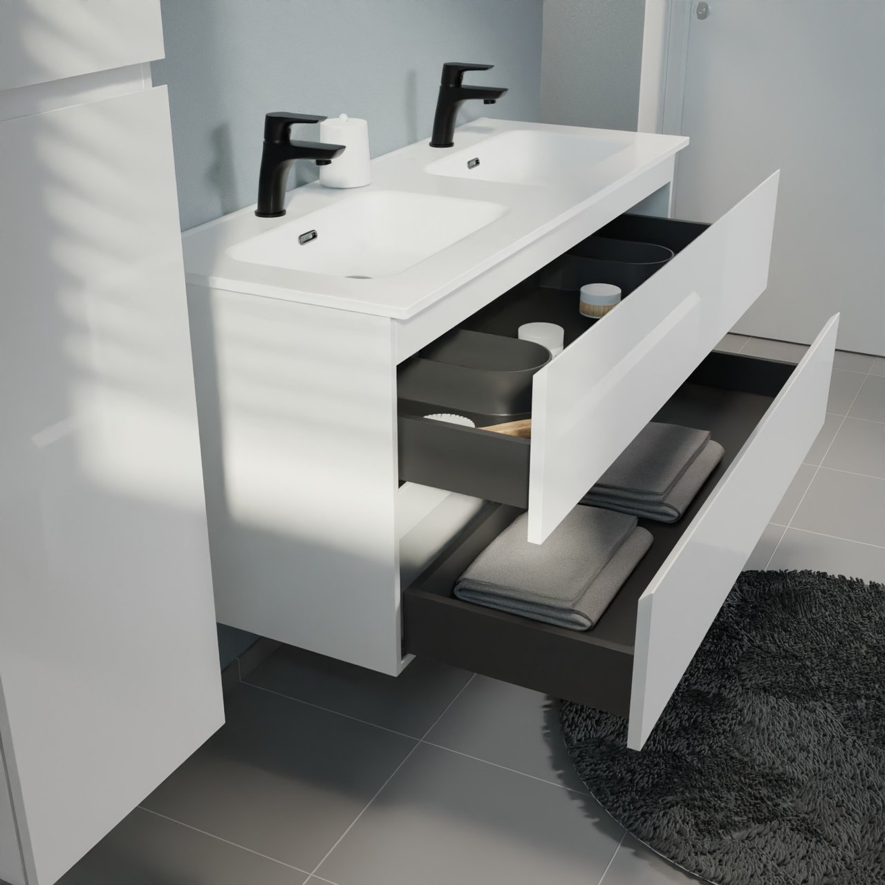 Linie Lado meuble salle de bains suspendu 120 x 46 cm blanc brillant avec Baro double vasque en porcelaine blanc brillant