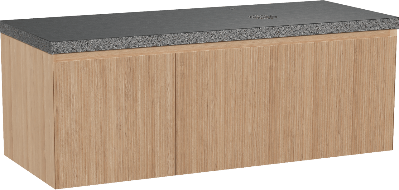 Balmani Fila meuble salle de bains suspendu 135 x 55 cm chêne naturel avec Rock vasque asymétrique droite en granit noir, Nervure droite symétrique verticale