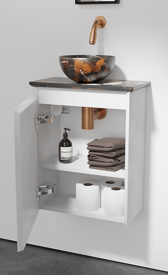 Balmani Mitra meuble wc suspendu 42 x 21 cm blanc mat avec Facetta tablette et Bari XS vaque à poser en marbre Portoro Gold