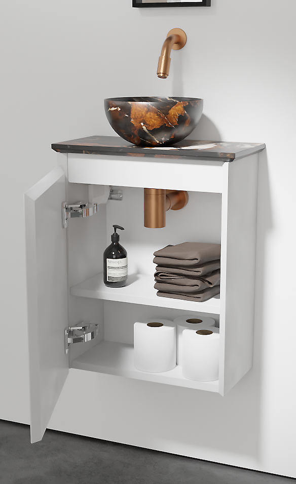 Balmani Mitra meuble wc suspendu 42 x 21 cm blanc mat avec Facetta tablette et Bari XS vaque à poser en marbre Portoro Gold