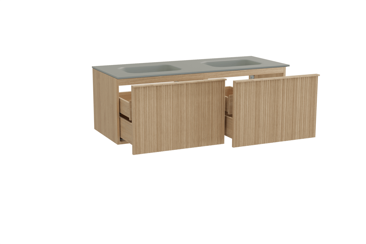 Balmani Forma zwevend badkamermeubel 135 x 55 cm natuur eik met Tablo Arcato dubbele wastafel in solid surface steengrijs, Verticale asymmetrische ronde ribbel