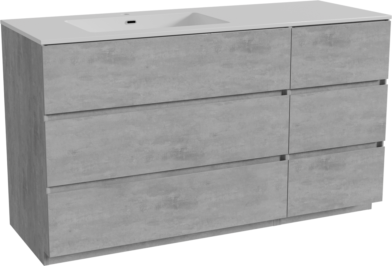 Storke Edge staand badmeubel 140 x 52 cm beton donkergrijs met Diva asymmetrisch linkse wastafel in composietmarmer hoogglans wit