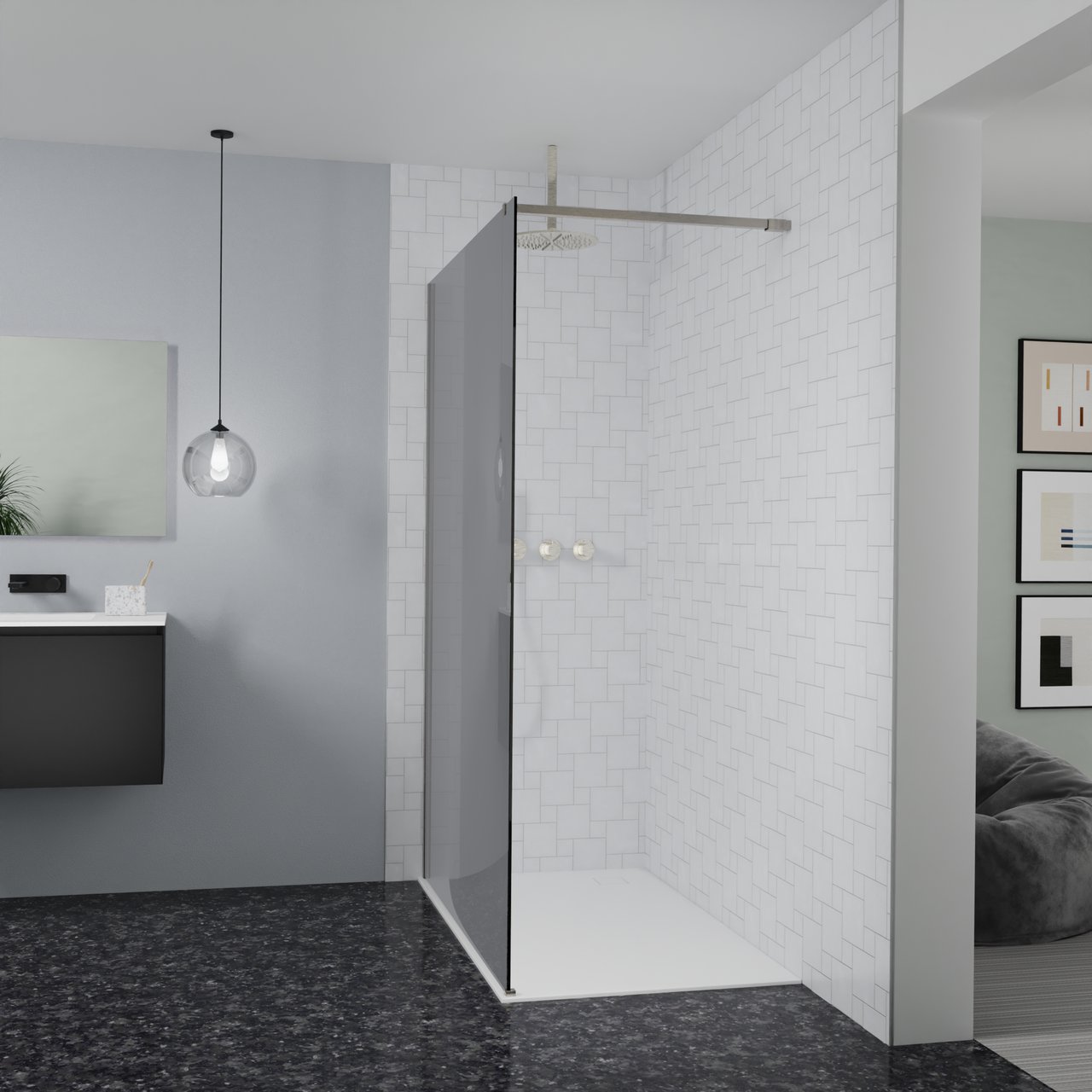 Balmani Modular douche à l'italienne: 140 x 200 cm, Verre fumé, Profil Brushed CoolMetal