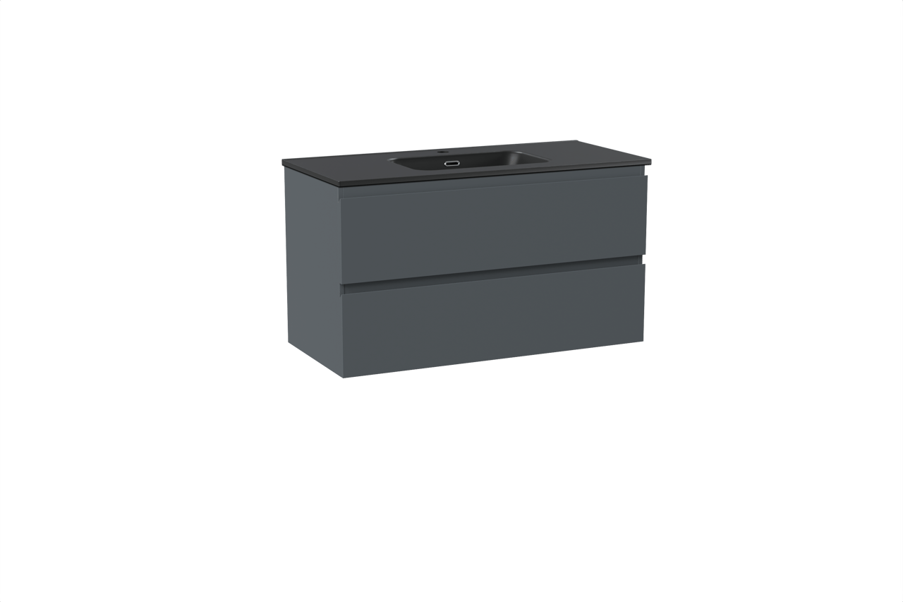Linie Lado hängendes Möbelstück Set: 100 x 46 cm, Anthrazitblau, mit Baro Einzelwaschtisch, Porzellan Schwarz matt