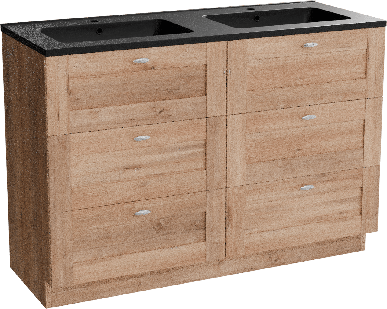 Linie Classo freistehendes Möbelstück Set: 120 x 46 cm, Naturbelassene Eiche, mit Vano Doppelwaschtisch, Marmorkomposit Schwarz matt