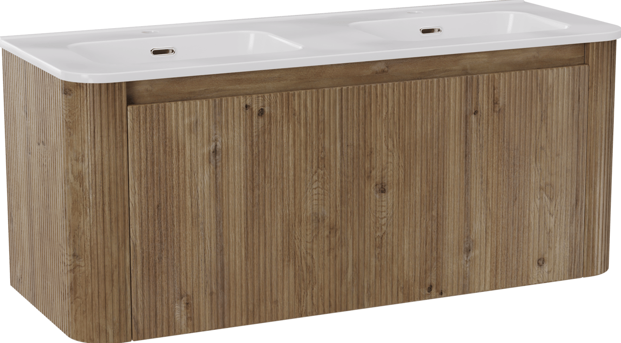 Storke Soft zwevend badmeubel 120 x 46 cm ruw eiken met Kera Soft dubbele wastafel in porselein hoogglans wit, Verticale symmetrische rechte ribbel