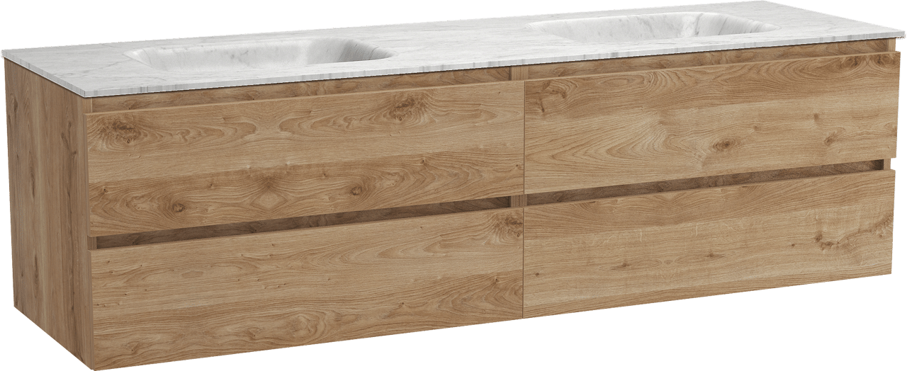 Balmani Lucida hängendes Möbelstück Set: 180 x 55 cm, Rohe Eiche, mit Tablo Arcato Doppelwaschtisch, Marmor Carrara
