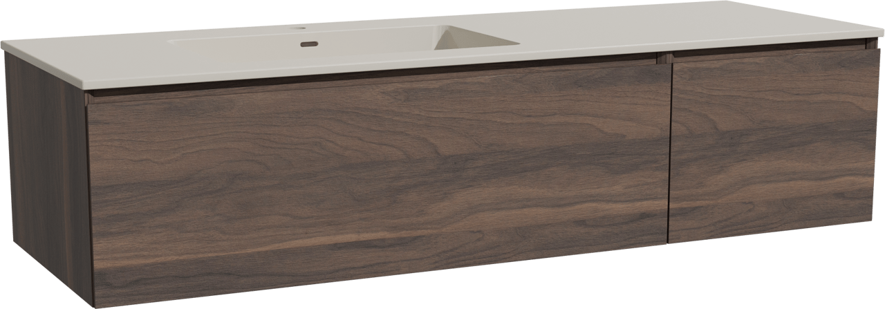 Storke Edge zwevend badkamermeubel 150 x 52 cm notelaar met Diva asymmetrisch linkse wastafel in top solid zijdegrijs