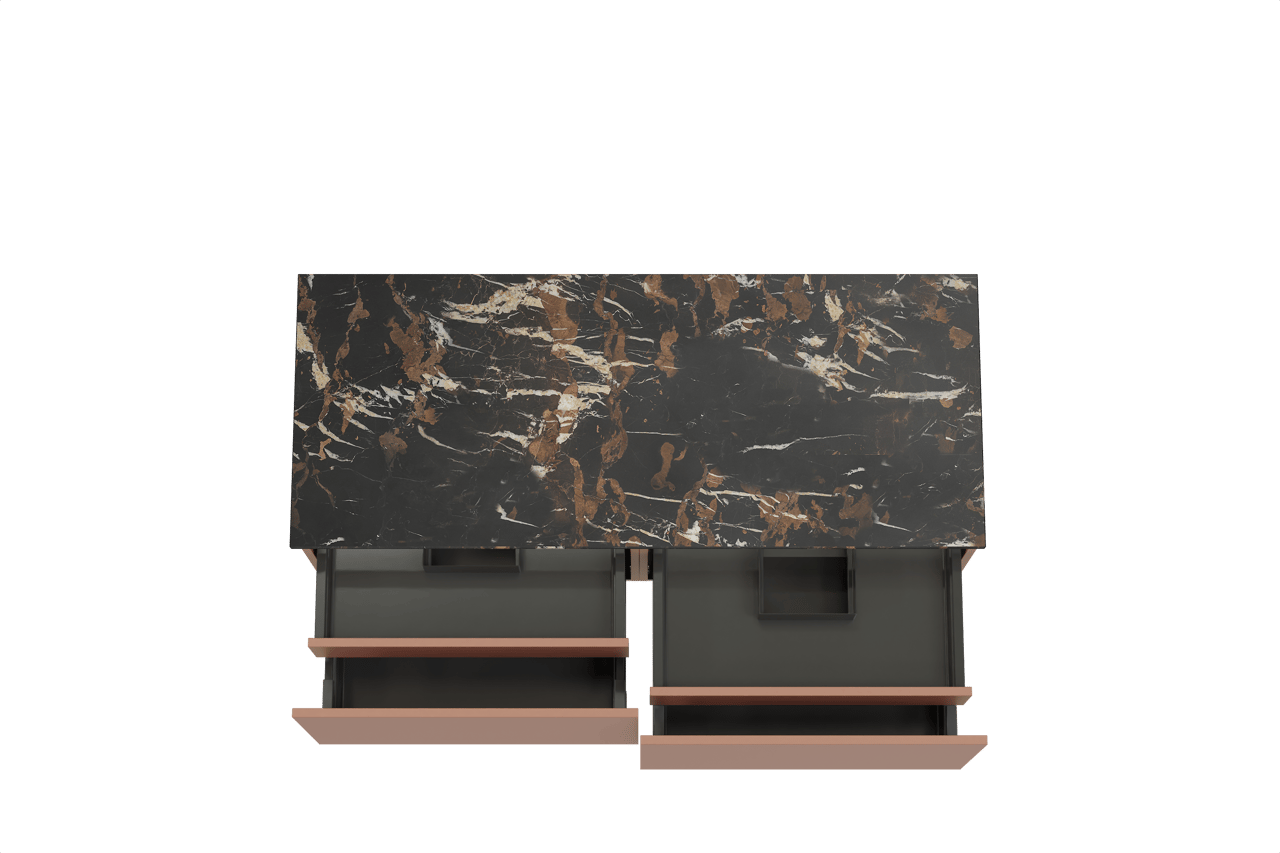 Balmani Sfera zwevend badkamermeubel 135 x 55 cm cotto met Stretto enkel of dubbel tablet in marmer portoro gold