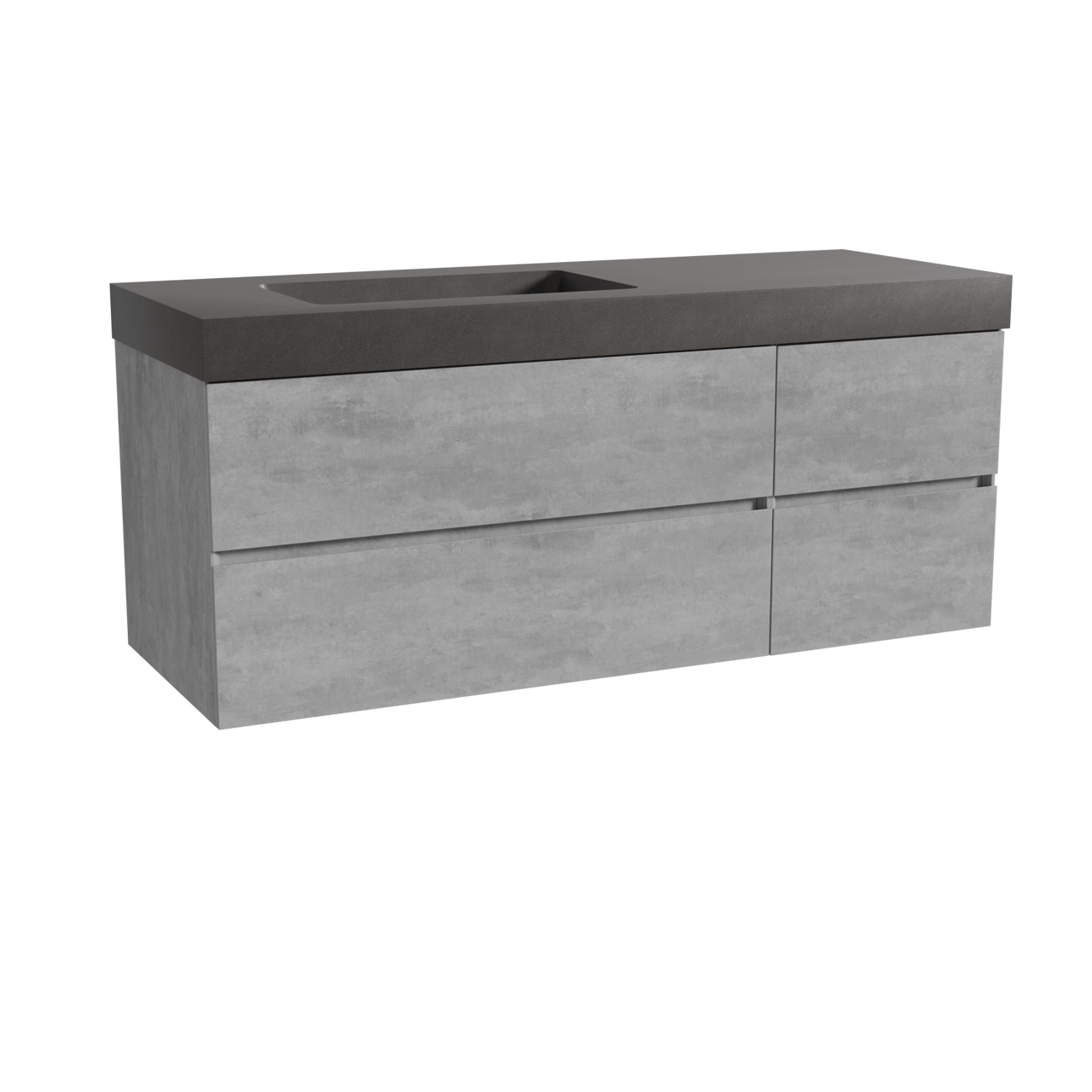 Storke Edge zwevend badmeubel 140 x 52 cm beton donkergrijs met Scuro High asymmetrisch linkse wastafel in kwarts mat zwart