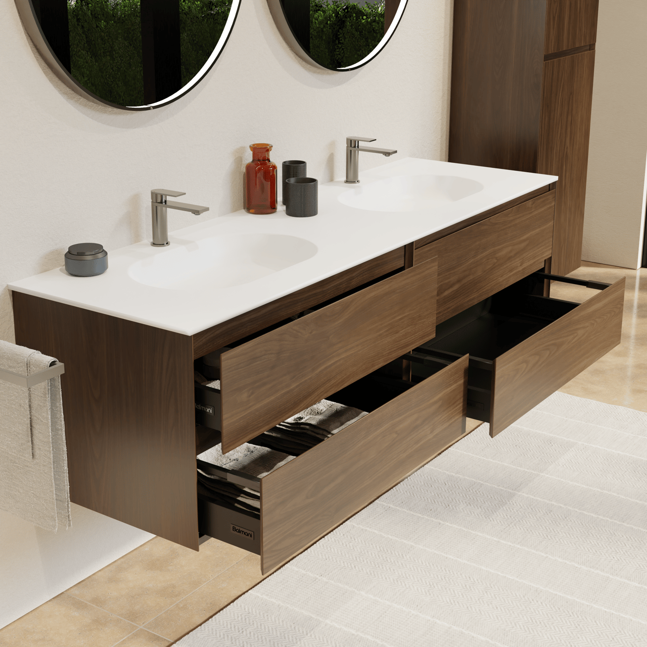 Balmani Mitra meuble salle de bains suspendu 180 x 55 cm noyer américain avec Tablo Oval double vasque en solid surface blanc mat