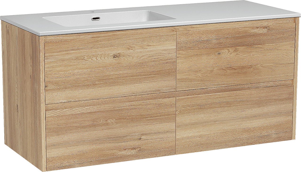 Storke Seda meuble salle de bains suspendu 130 x 52 cm chêne brut avec Diva vasque asymétrique gauche en marbre composite blanc brillant