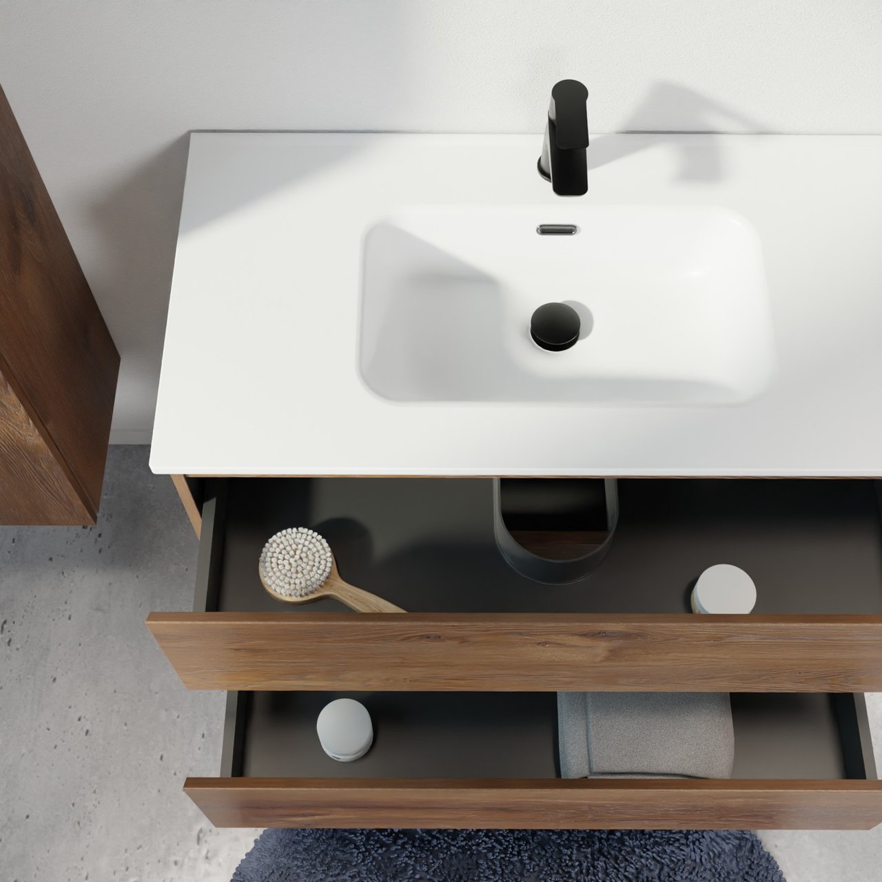 Linie Lado hängendes Möbelstück Set: 70 x 46 cm, Braune Eiche, mit Baro Einzelwaschtisch, Porzellan Weiß matt