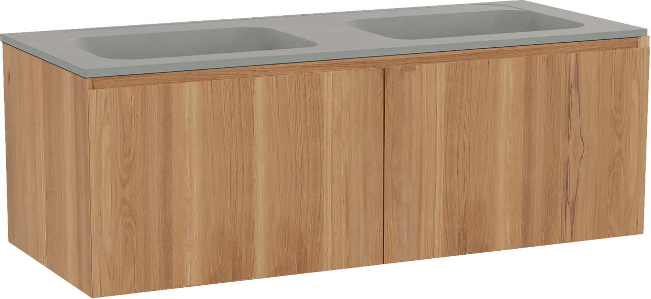 Balmani Idra meuble salle de bains suspendu 135 x 55 cm teck avec Tablo Strada double vasque en marbre composite soie grise