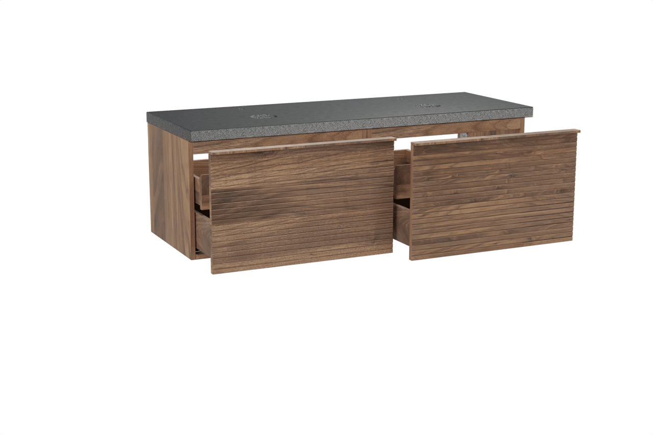 Balmani Forma zwevend badmeubel 150 x 55 cm amerikaans notenhout met Rock dubbel wastafelblad in zwart graniet, Horizontale symmetrische rechte ribbel