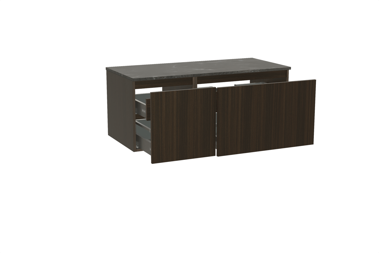 Balmani Sfera zwevend badmeubel 120 x 55 cm eucalyptus met Stretto enkel of dubbel wastafelblad in marmer pietra grey