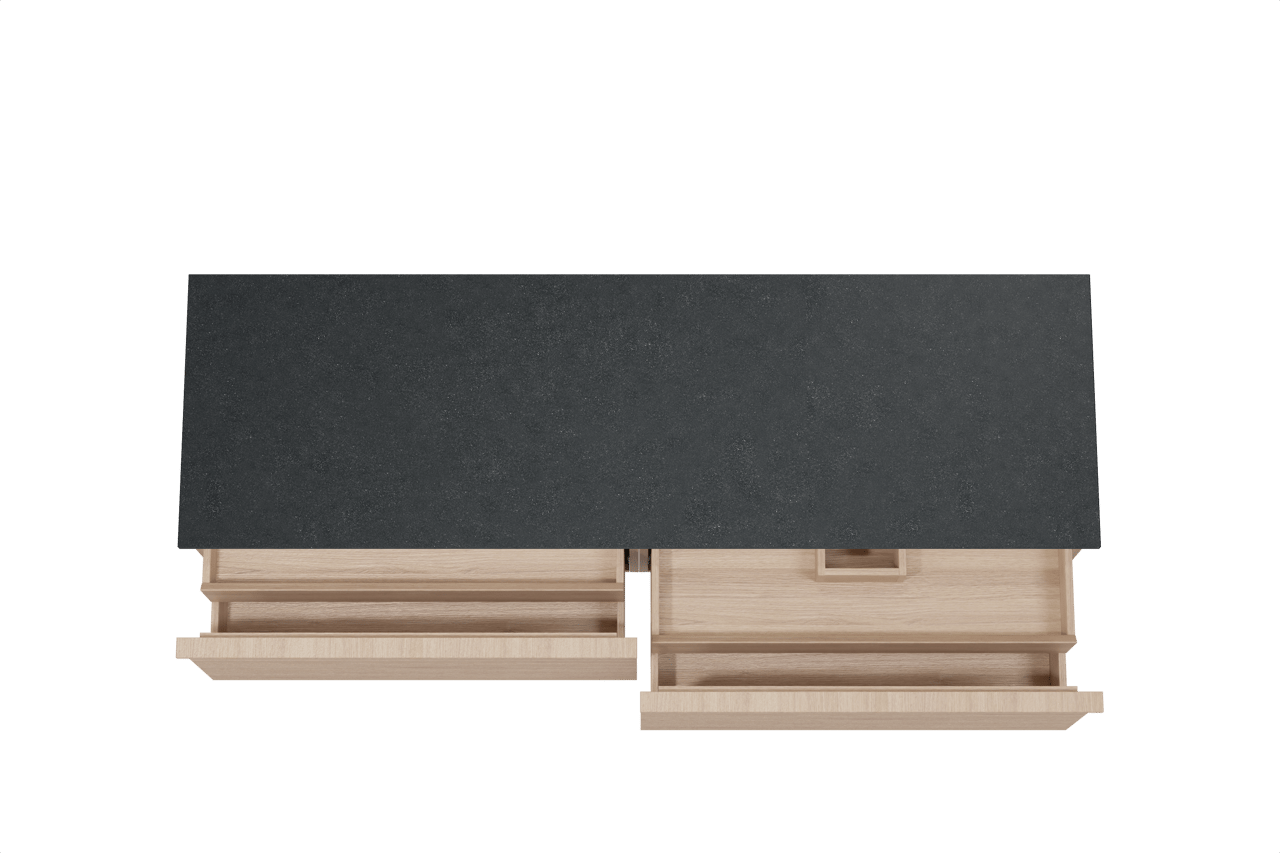 Balmani Forma zwevend badmeubel 180 x 55 cm naturel eiken met Stretto enkel of dubbel wastafelblad in zwart graniet, Horizontale symmetrische rechte ribbel