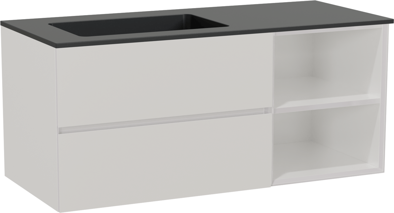 Storke Edge zwevend badmeubel 120 x 52 cm hoogglans wit met Scuro asymmetrisch linkse wastafel in kwarts mat zwart
