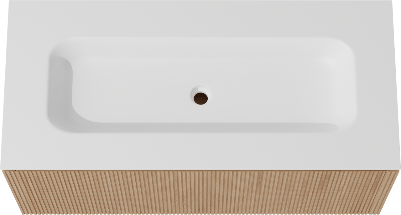 Balmani Eclips hängendes Möbelstück Set: 120 x 55 cm, Eiche Natur, mit Tablo Arcato Einzelwaschtisch mit 2 Bohrungen Solid Surface Weiβ matt, Vertikale symmetrische gerade Rippe