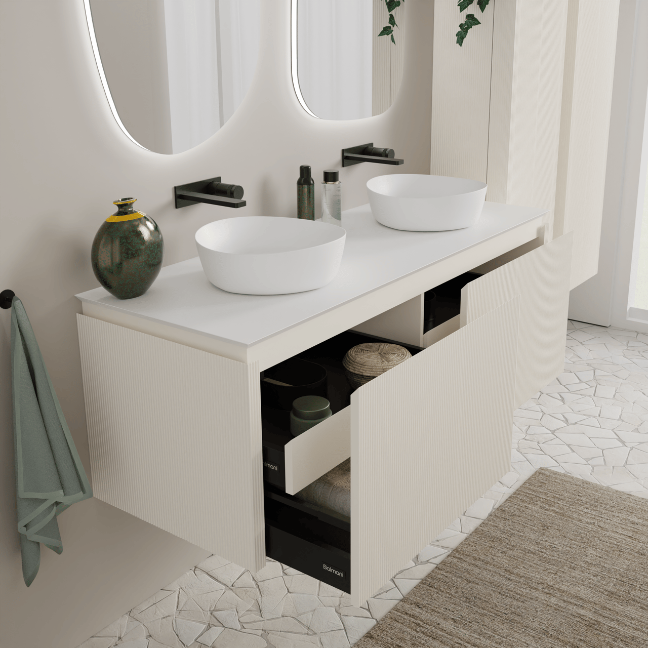 Balmani Eclips meuble salle de bains suspendu 150 x 55 cm Sandbeige avec Eclips tablette simple ou double vasque en Solid Surface blanc mat, Nervure droite symétrique verticale