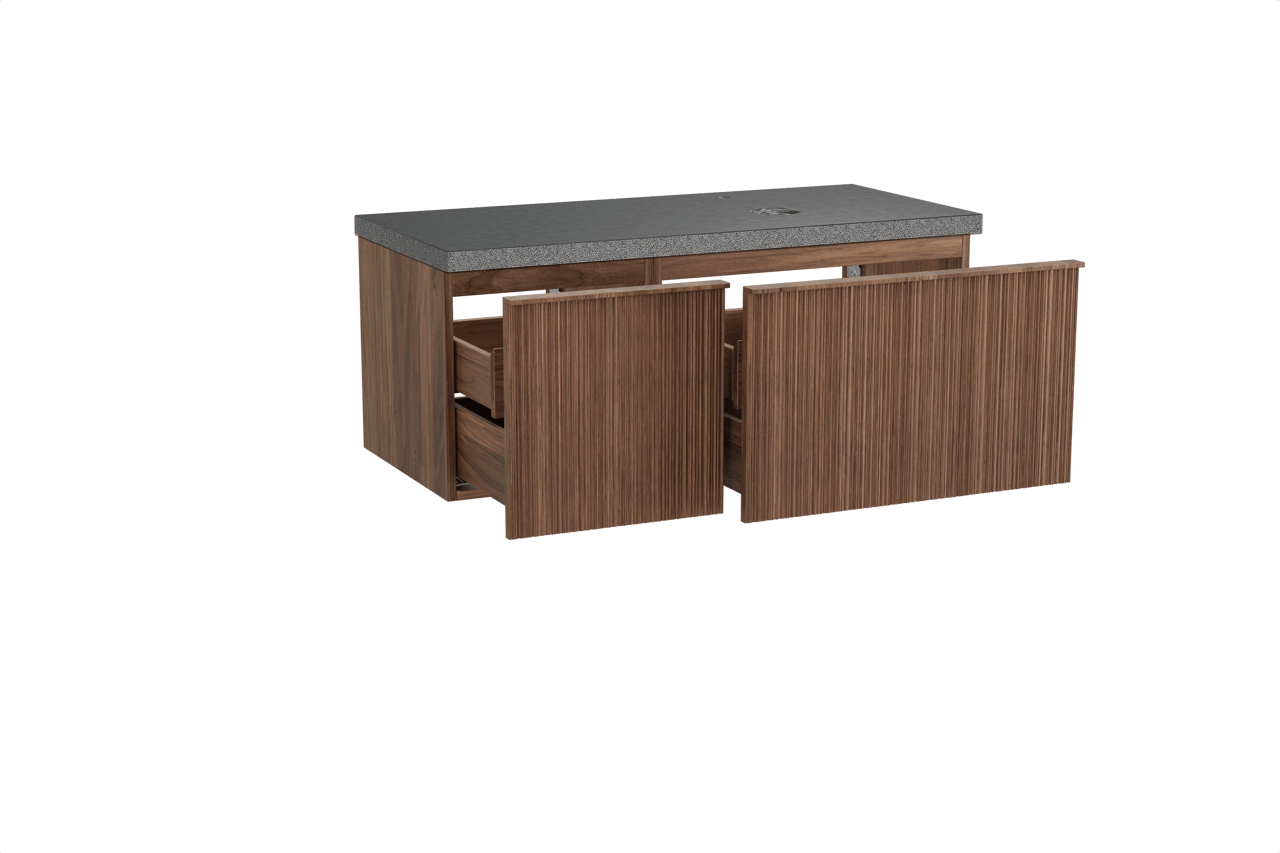 Balmani Forma hängendes Möbelstück Set: 120 x 55 cm, Amerikanischer Nussbaum, mit Rock Waschtisch rechts, Granit, Schwarzes Granit, Vertikale asymmetrische Runde Rippe