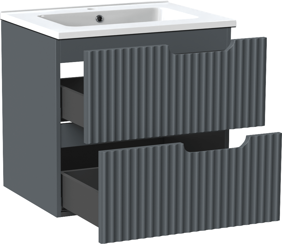 Linie Ribbo meuble salle de bains suspendu 60 x 46 cm bleu anthracite avec Vano plan simple en marbre composite blanc brillant, Nervure circulaire symétrique verticale