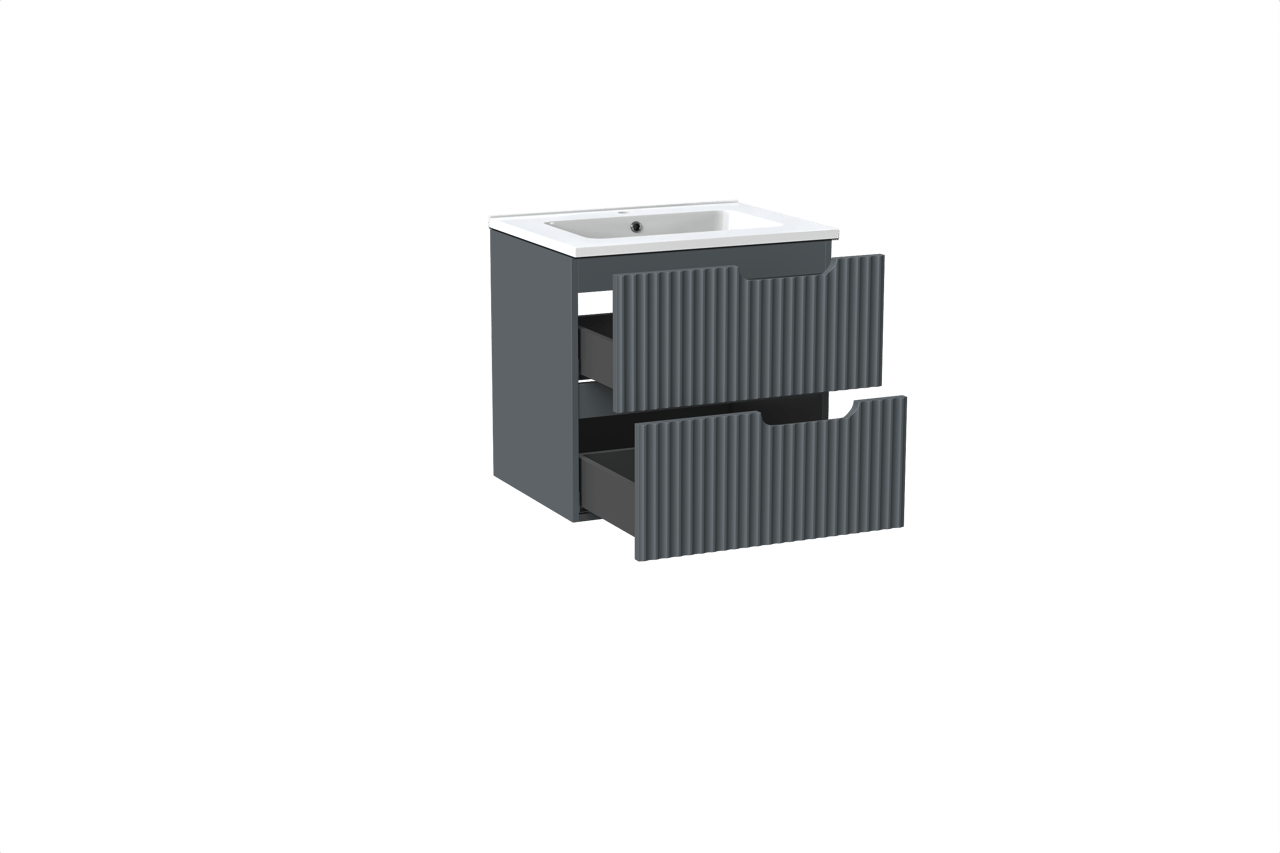 Linie Ribbo zwevend badkamermeubel 60 x 46 cm blauw antraciet met Vano enkele wastafel in composietmarmer glanzend wit, Verticale symmetrische ronde ribbel