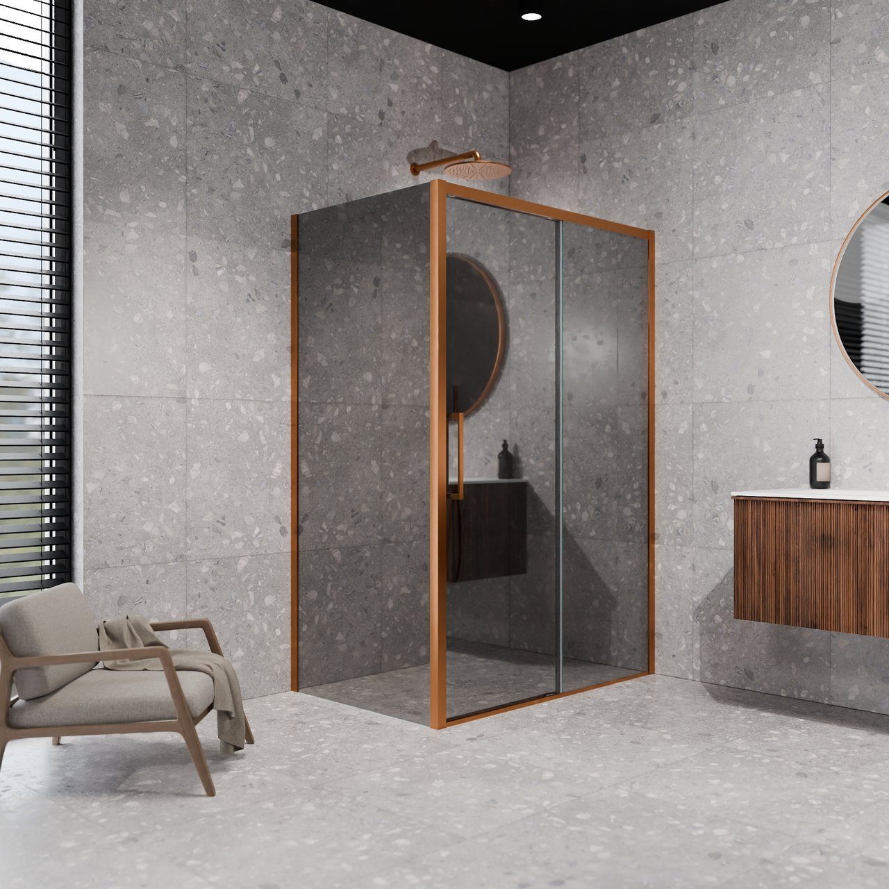 Balmani Senses Design Eckdusche: Schiebetür (Rechts) mit fixierte Seitenwand, 160 x 80 cm, Reflex-Spiegelglas, Profil Brushed Rosegold, inklusive Coating