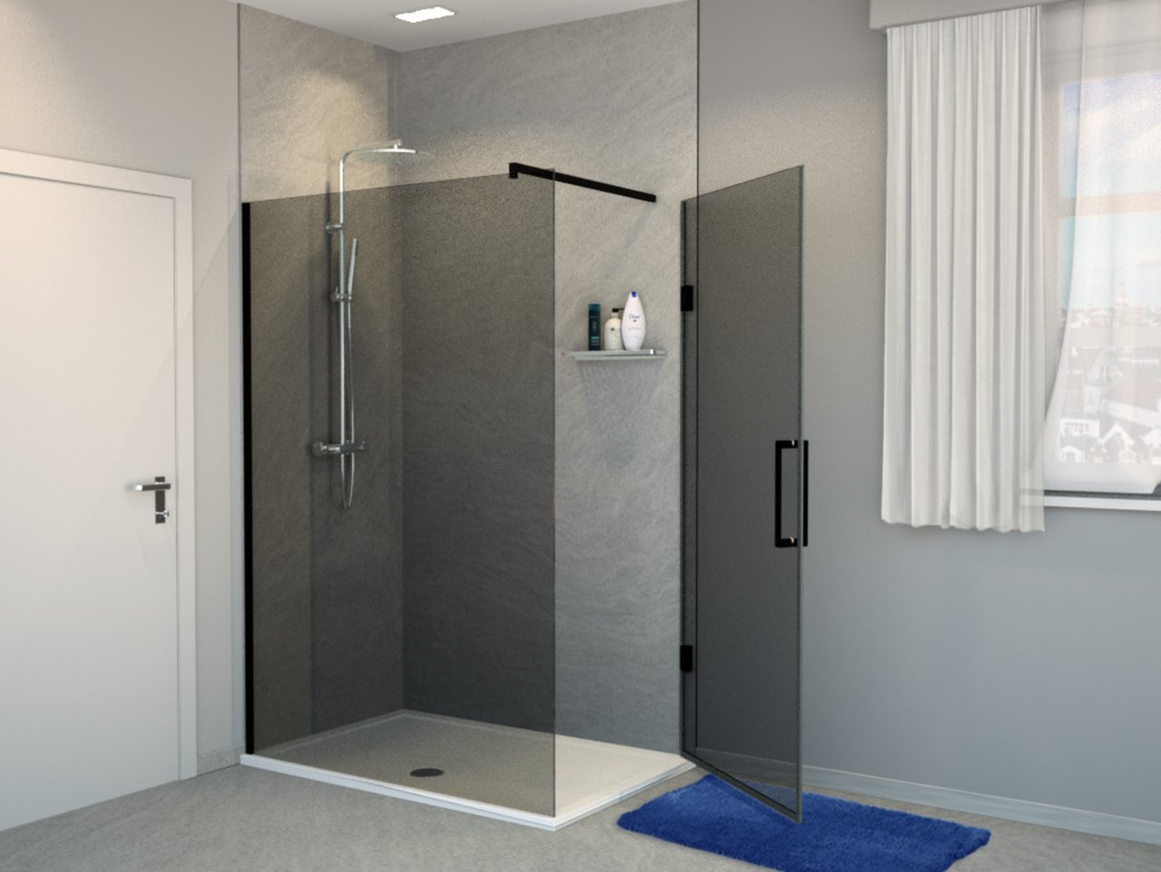 Balmani Modular inloopdouche met deur 140 x 200 cm rookglas mat zwart profiel