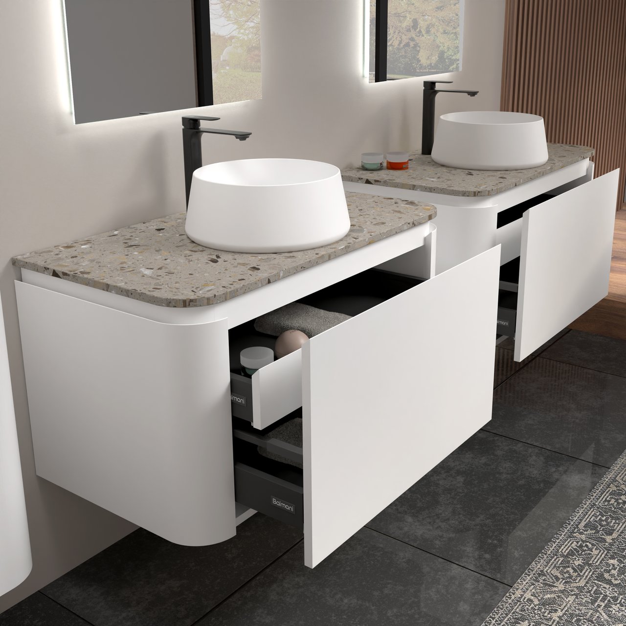 Balmani Moon meuble salle de bains suspendu 100 x 55 cm blanc mat avec Moon tablette simple en terrazzo greige terrazzo