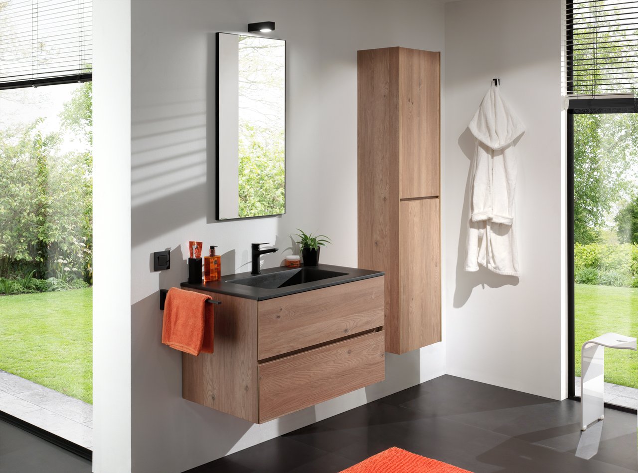 Storke Edge hängender Waschbeckenunterschrank: 85 x 52 cm, Eiche rustikal, 2 Schubladen