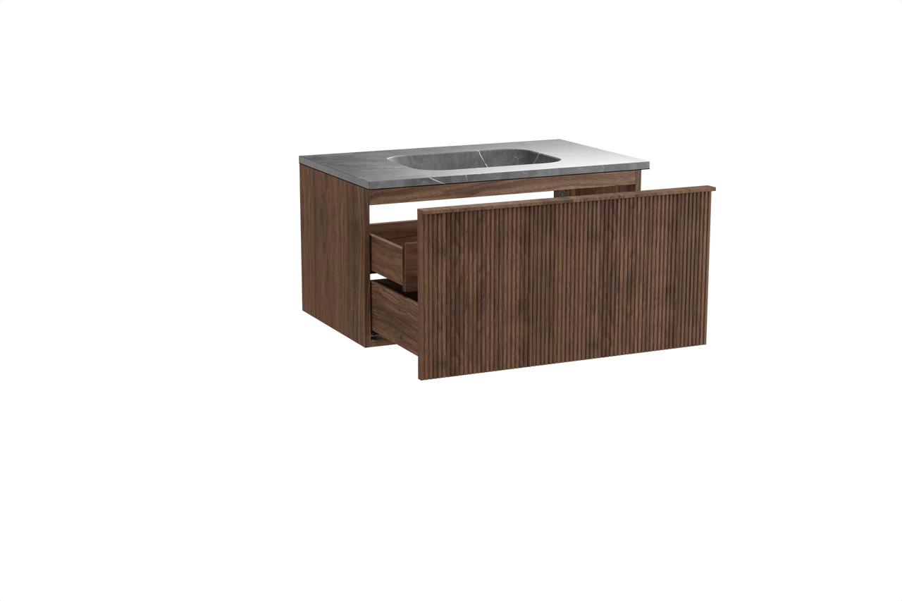 Balmani Forma zwevend badkamermeubel 90 x 55 cm amerikaanse notelaar met Tablo Arcato enkele wastafel in marmer pietra grey, Verticale symmetrische rechte ribbel