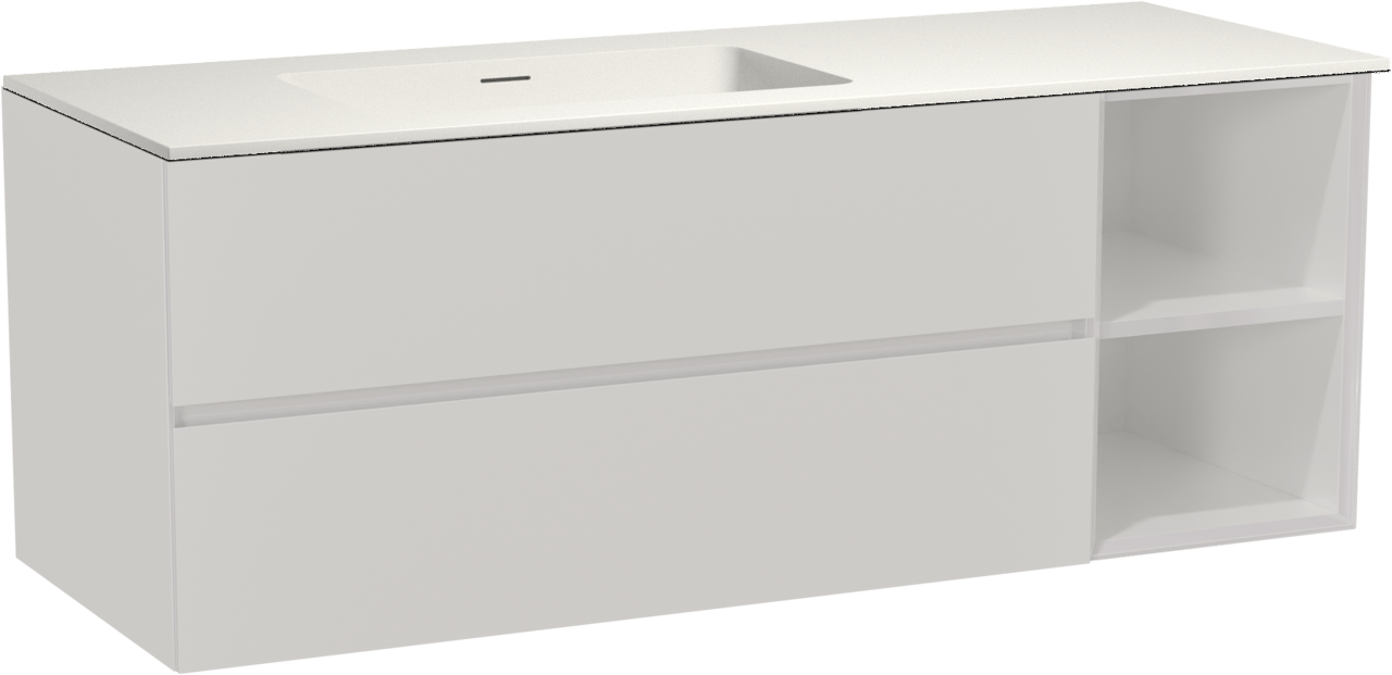 Storke Edge hängendes Möbelstück Set: 140 x 52 cm, Weiß glänzend, mit Mata Waschtisch links, Solid Surface Weiß matt