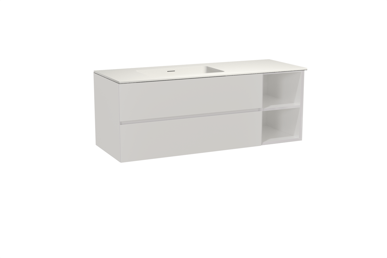 Storke Edge zwevend badmeubel 140 x 52 cm hoogglans wit met Mata asymmetrisch linkse wastafel in solid surface mat wit