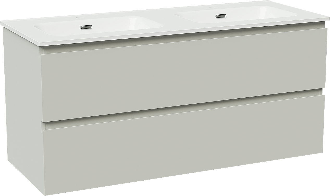 Linie Lado hängendes Möbelstück Set: 120 x 46 cm, Greige, mit Baro Doppelwaschtisch, Porzellan Weiß glänzend