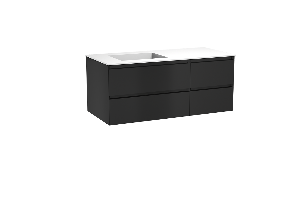 Balmani Mitra hängendes Möbelstück Set: 120 x 55 cm, Schwarz matt, mit Tablo Stretto Waschtisch links, Solid Surface Weiß matt