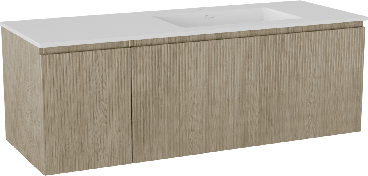 Storke Ribs meuble salle de bains suspendu 140 x 52 cm chêne brut avec Diva plan vasque asymétrique à droite en marbre composite blanc brillant, Nervure droite symétrique verticale