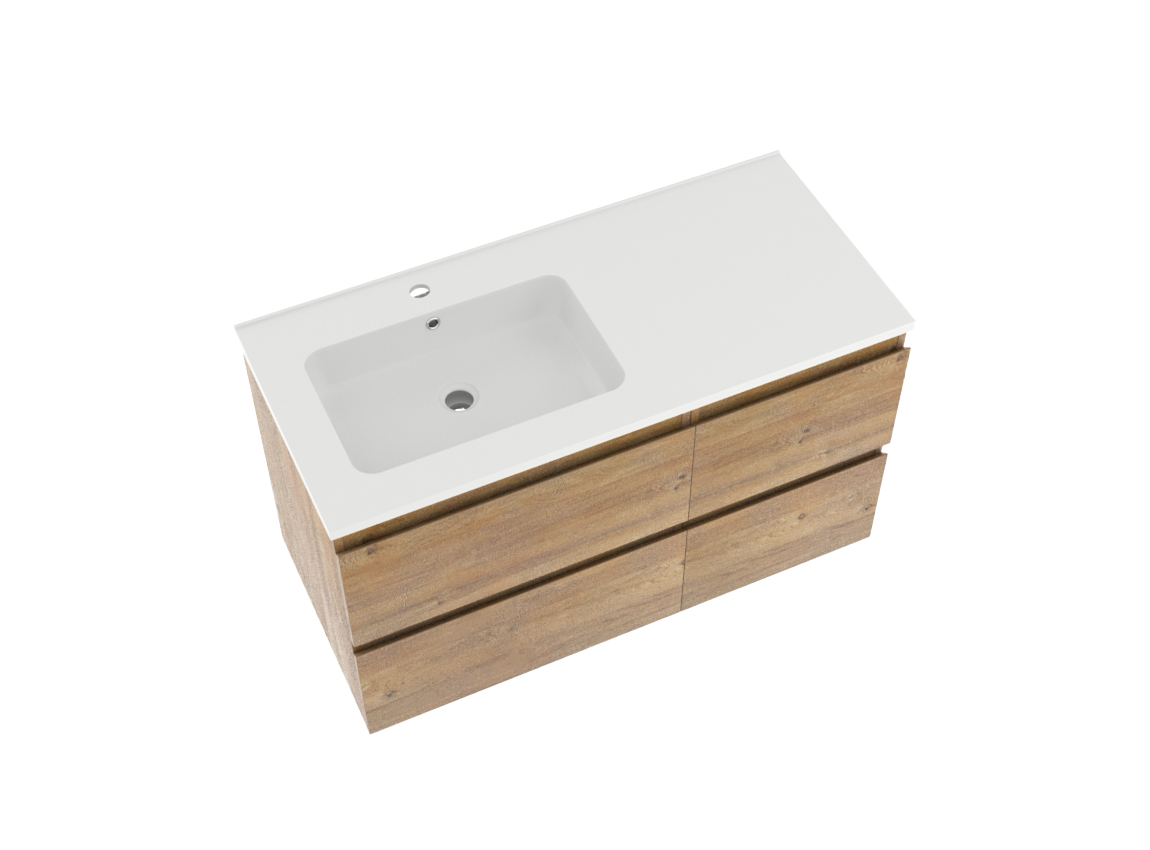 Linie Lado zwevend badkamermeubel 100 x 46 cm natuur eik met Vano asymmetrisch linkse wastafel in composietmarmer mat wit