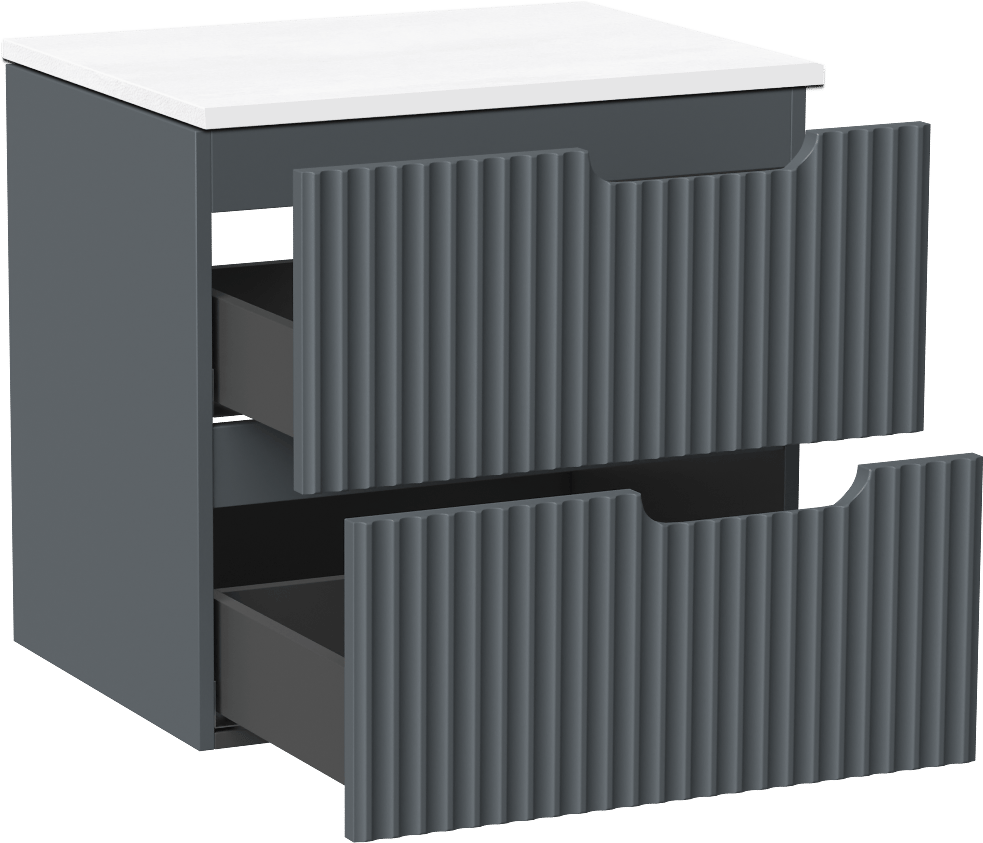 Linie Ribbo zwevend badkamermeubel 60 x 46 cm blauw antraciet met Lado enkel tablet in composietmarmer mat wit, Verticale symmetrische ronde ribbel